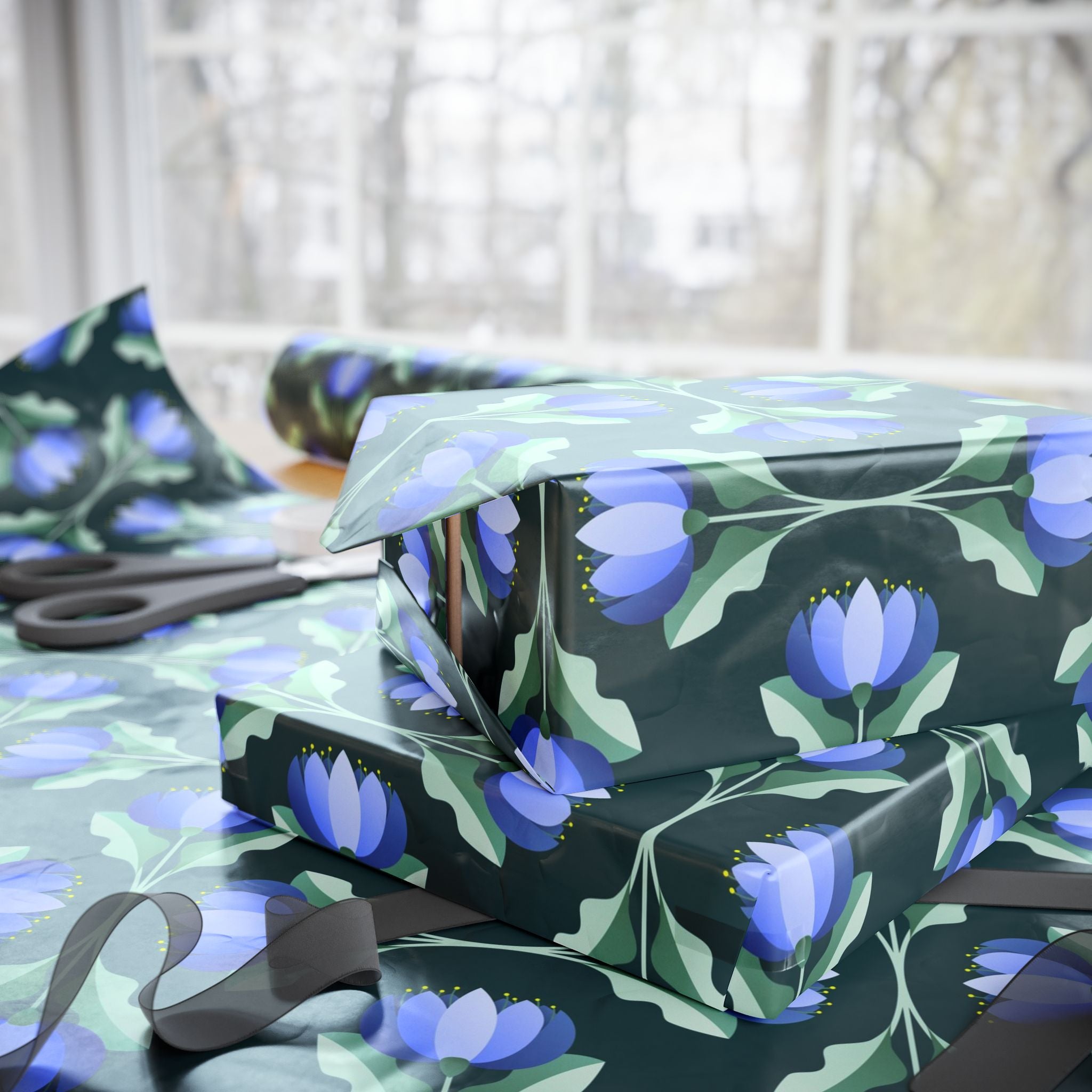 Blue Flower Scallop Pattern Wrapping Paper – Elegant Floral Gift Wrap by Flora & Co.