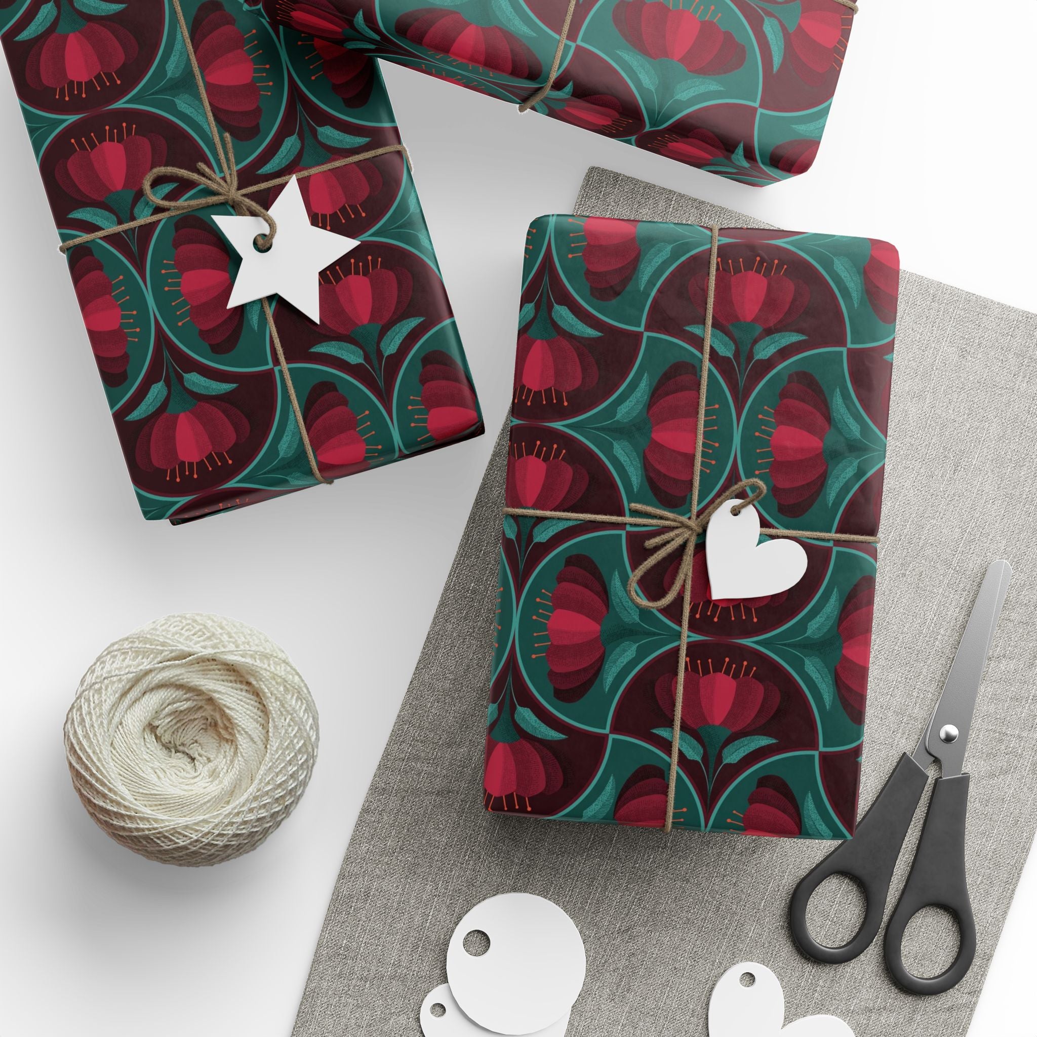 Red Vintage Flower Scallop Pattern Wrapping Paper – Elegant Holiday Gift Wrap by Flora & Co.