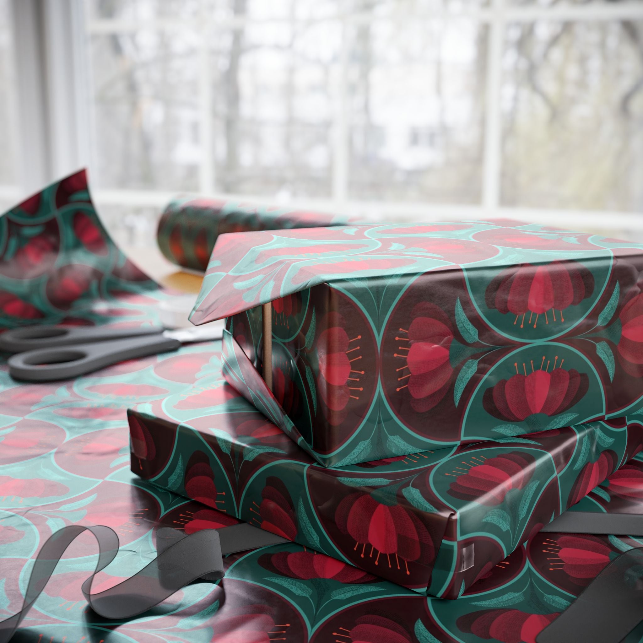 Red Vintage Flower Scallop Pattern Wrapping Paper – Elegant Holiday Gift Wrap by Flora & Co.