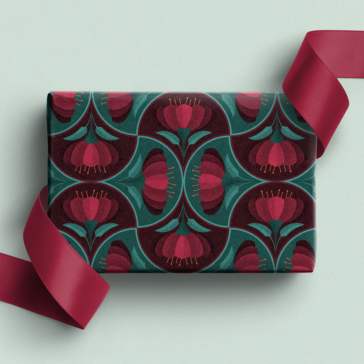 Red Vintage Flower Scallop Pattern Wrapping Paper – Elegant Holiday Gift Wrap by Flora & Co.