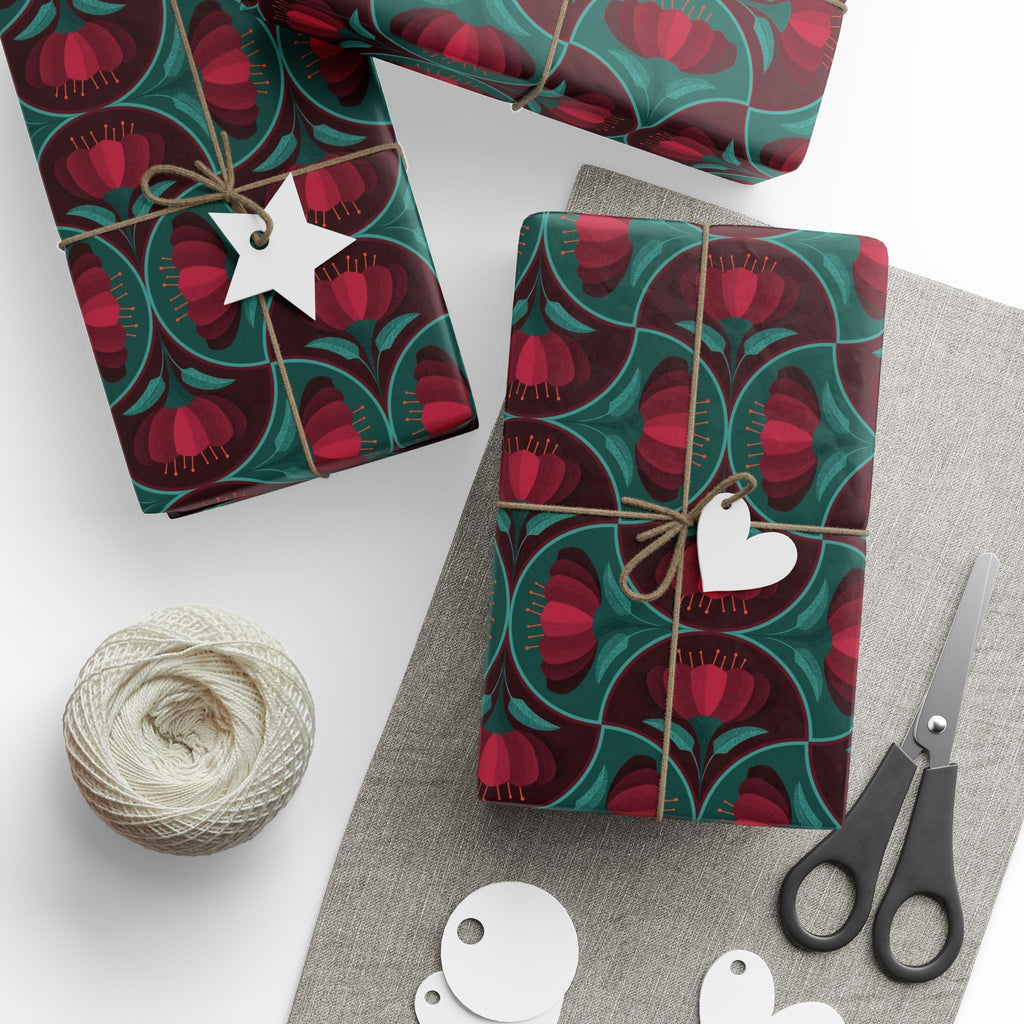 Red Vintage Flower Scallop Pattern Wrapping Paper – Elegant Holiday Gift Wrap by Flora & Co.