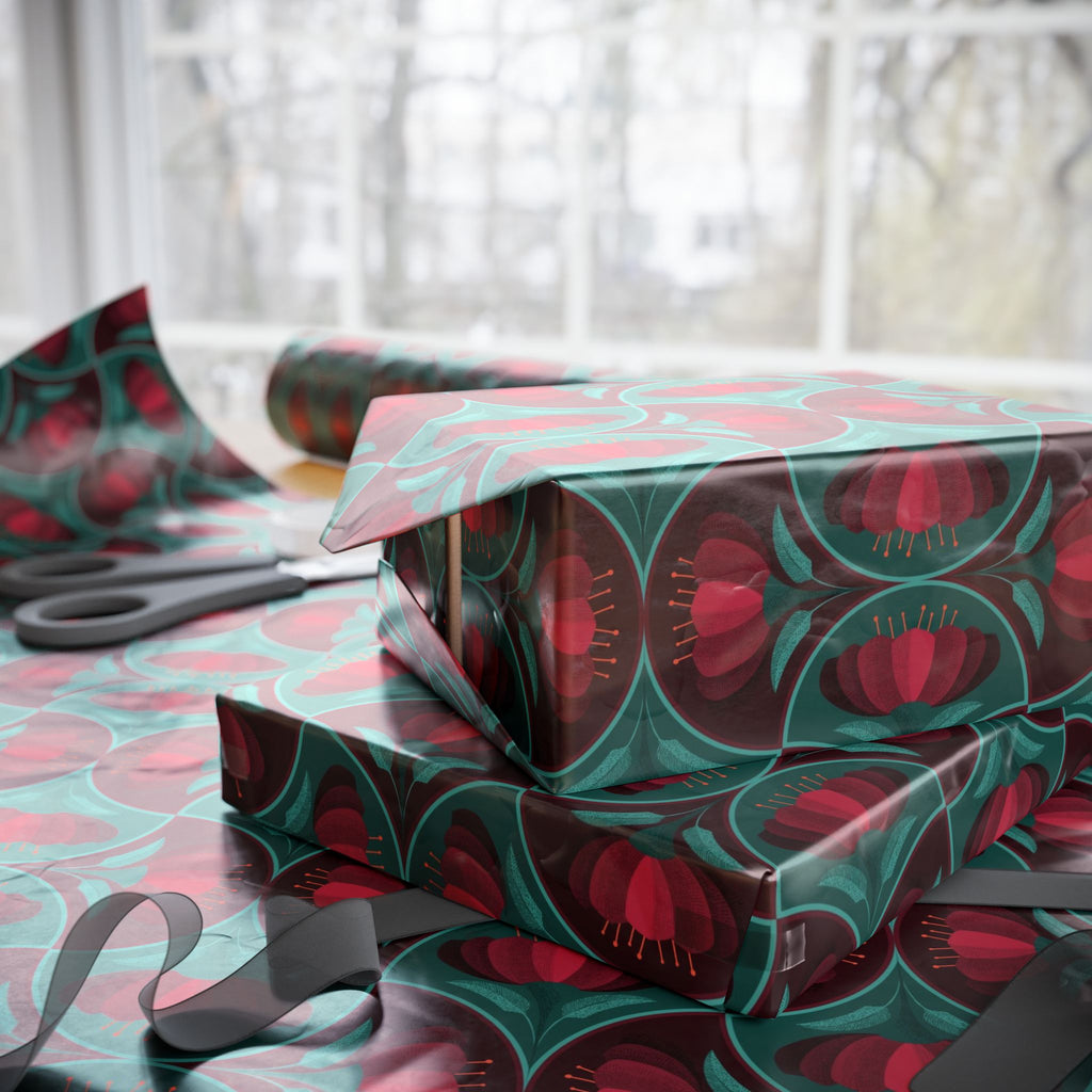 Red Vintage Flower Scallop Pattern Wrapping Paper – Elegant Holiday Gift Wrap by Flora & Co.