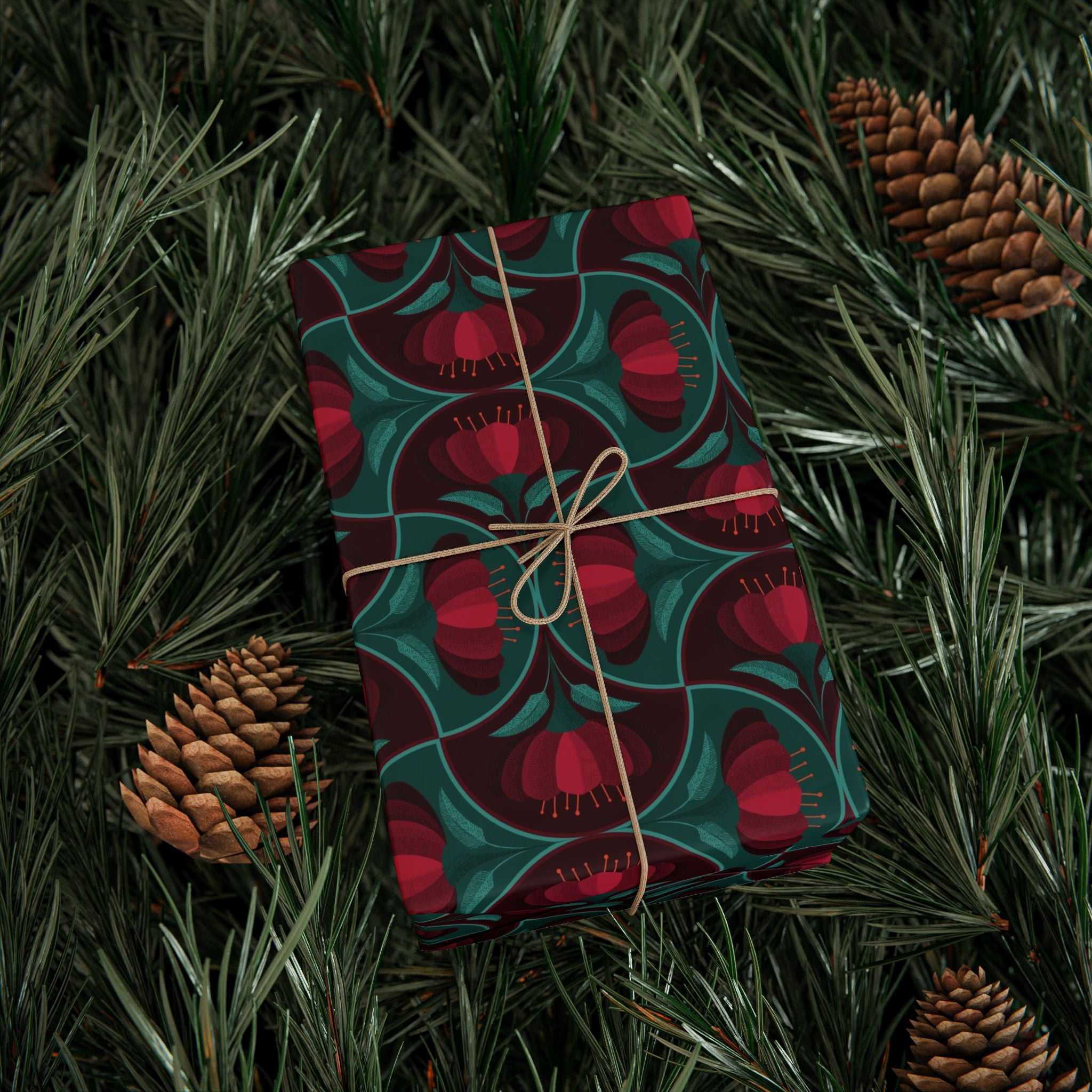 Red Vintage Flower Scallop Pattern Wrapping Paper – Elegant Holiday Gift Wrap by Flora & Co.
